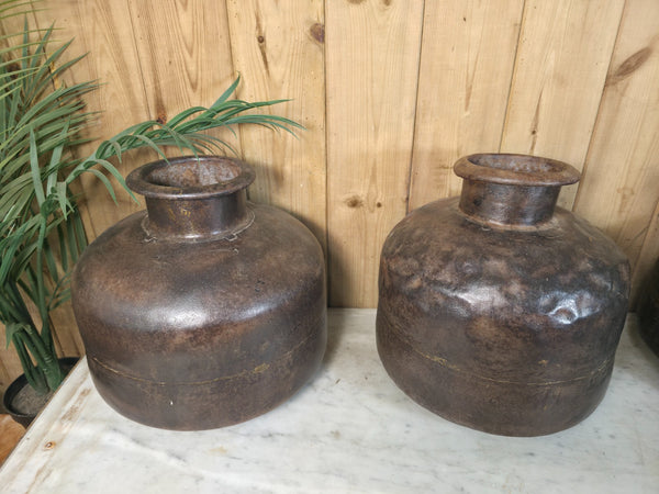 Old Vintage Rustic Wabi Sabi Heavy Duty Metal Iron Indian Water Pot Vase Carrier