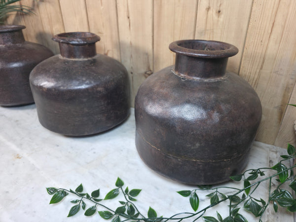 Old Vintage Rustic Wabi Sabi Heavy Duty Metal Iron Indian Water Pot Vase Carrier