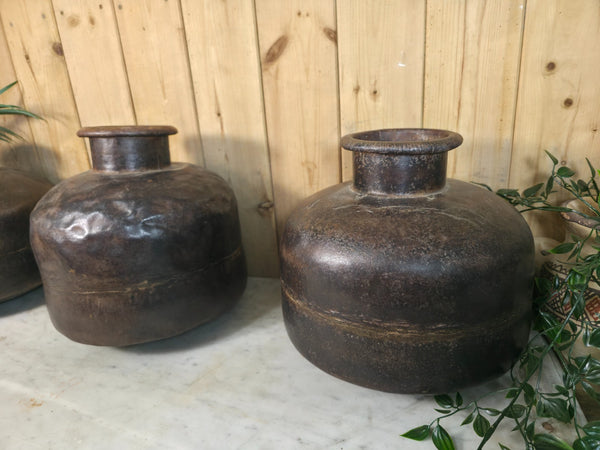 Old Vintage Rustic Wabi Sabi Heavy Duty Metal Iron Indian Water Pot Vase Carrier