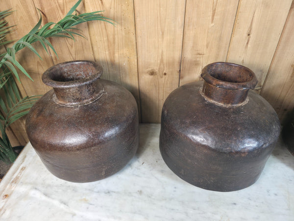 Old Vintage Rustic Wabi Sabi Heavy Duty Metal Iron Indian Water Pot Vase Carrier