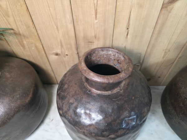 Old Vintage Rustic Wabi Sabi Heavy Duty Metal Iron Indian Water Pot Vase Carrier