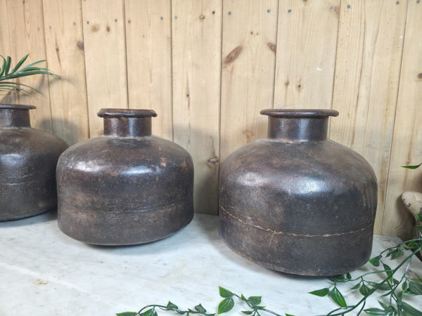 Old Vintage Rustic Wabi Sabi Heavy Duty Metal Iron Indian Water Pot Vase Carrier