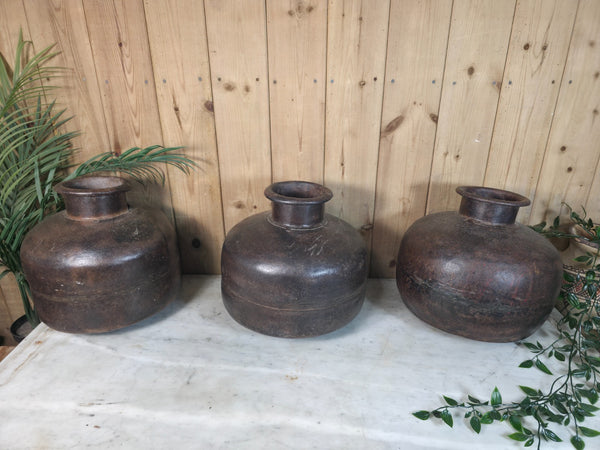 Old Vintage Rustic Wabi Sabi Heavy Duty Metal Iron Indian Water Pot Vase Carrier