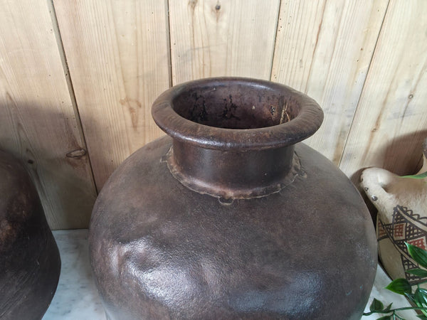 Old Vintage Rustic Wabi Sabi Heavy Duty Metal Iron Indian Water Pot Vase Carrier