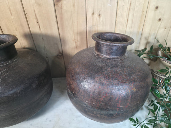 Old Vintage Rustic Wabi Sabi Heavy Duty Metal Iron Indian Water Pot Vase Carrier