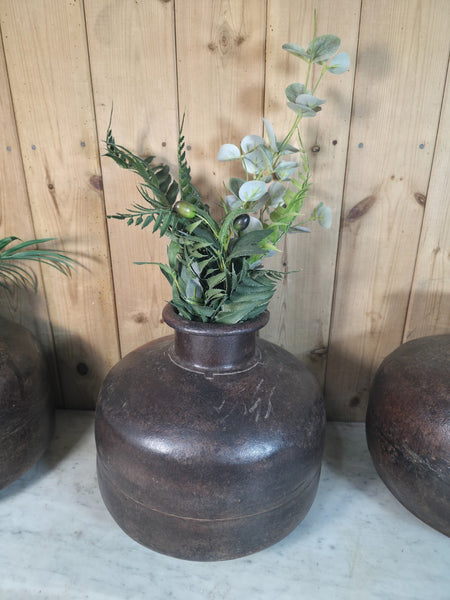 Old Vintage Rustic Wabi Sabi Heavy Duty Metal Iron Indian Water Pot Vase Carrier