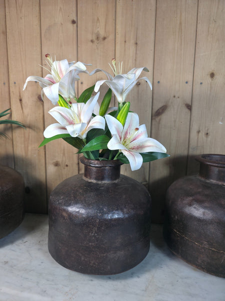 Old Vintage Rustic Wabi Sabi Heavy Duty Metal Iron Indian Water Pot Vase Carrier