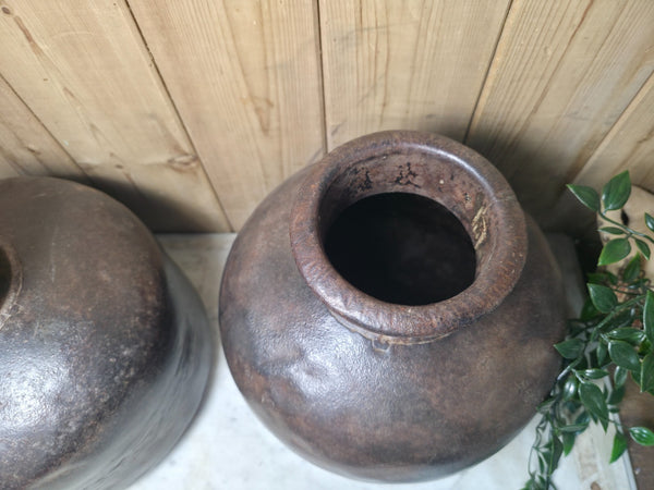 Old Vintage Rustic Wabi Sabi Heavy Duty Metal Iron Indian Water Pot Vase Carrier