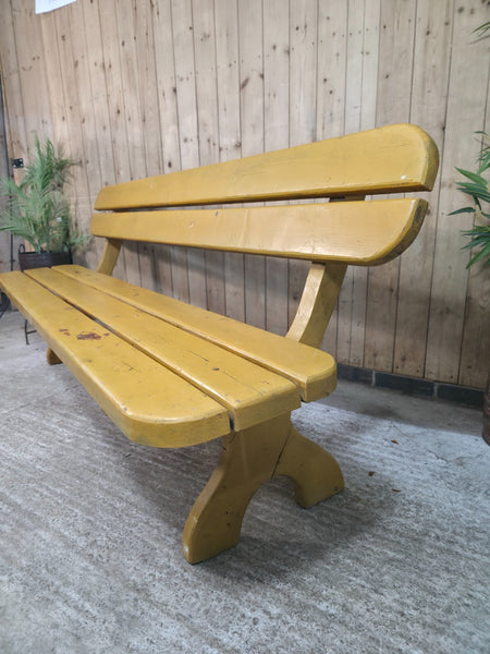 Vintage Rustic Mustard Yellow  Hungarian Budapest Wooden Park Garden Bench Seat