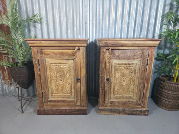Vintage Reclaimed Pair Wooden Indian Carved Bedside Tables Cupboards Cabinets