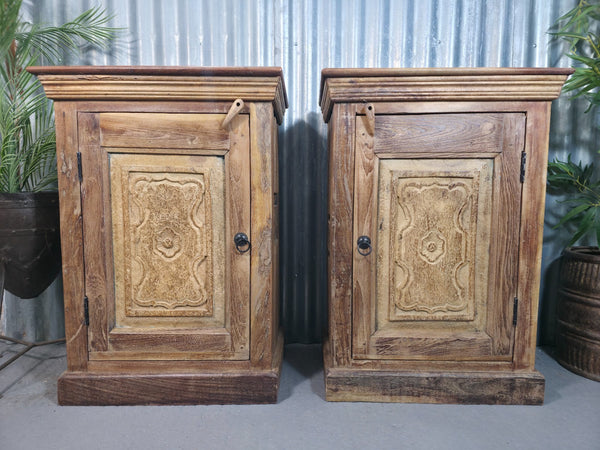 Vintage Reclaimed Pair Wooden Indian Carved Bedside Tables Cupboards Cabinets