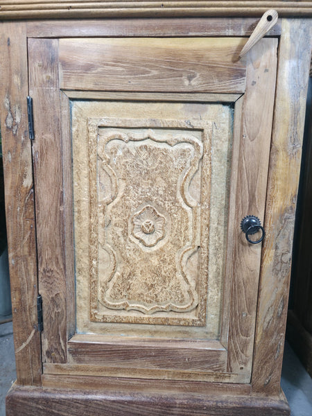 Vintage Reclaimed Pair Wooden Indian Carved Bedside Tables Cupboards Cabinets