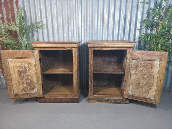 Vintage Reclaimed Pair Wooden Indian Carved Bedside Tables Cupboards Cabinets