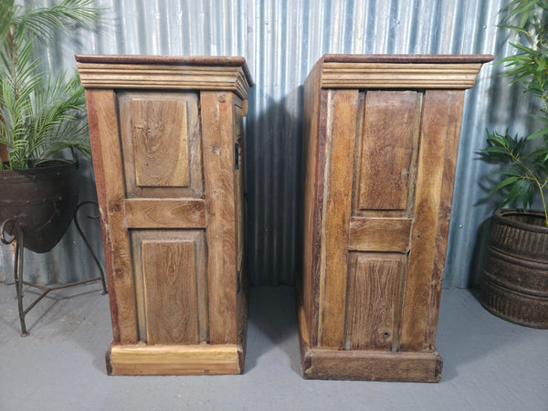 Vintage Reclaimed Pair Wooden Indian Carved Bedside Tables Cupboards Cabinets