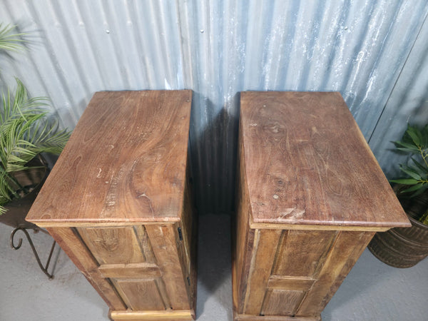 Vintage Reclaimed Pair Wooden Indian Carved Bedside Tables Cupboards Cabinets