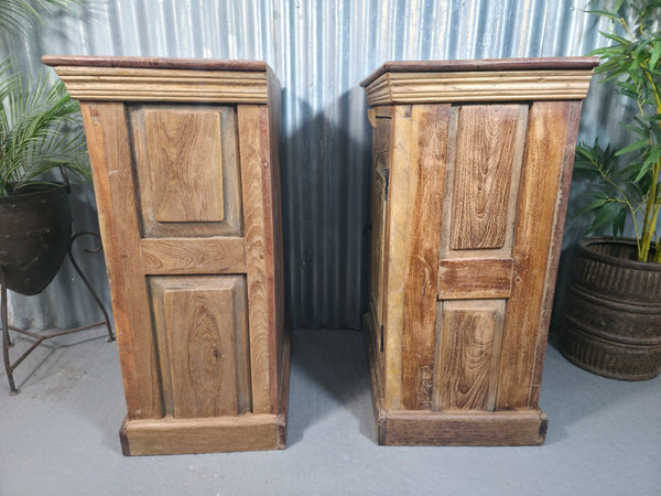 Vintage Reclaimed Pair Wooden Indian Carved Bedside Tables Cupboards Cabinets