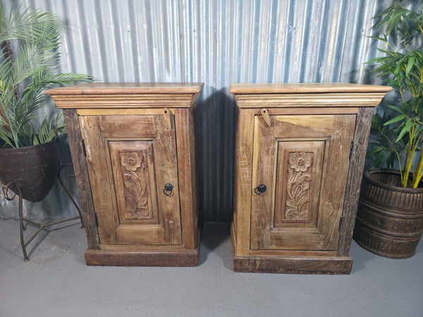 Vintage Reclaimed Pair Wooden Indian Carved Bedside Tables Cupboards Cabinets