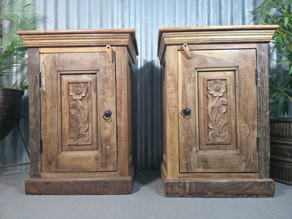 Vintage Reclaimed Pair Wooden Indian Carved Bedside Tables Cupboards Cabinets