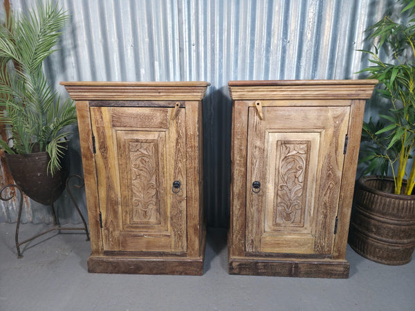 Vintage Reclaimed Pair Wooden Indian Carved Bedside Tables Cupboards Cabinets