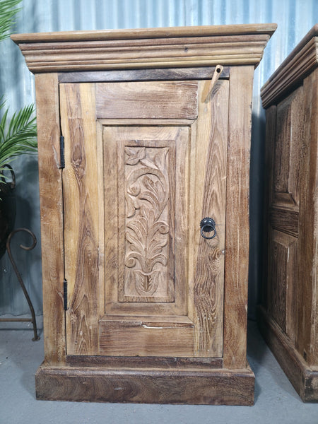 Vintage Reclaimed Pair Wooden Indian Carved Bedside Tables Cupboards Cabinets