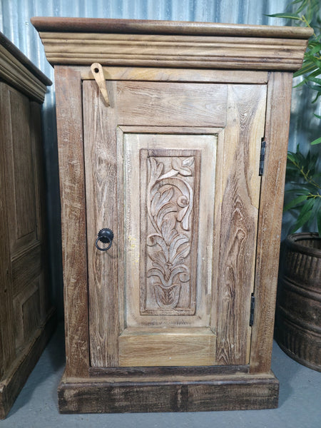 Vintage Reclaimed Pair Wooden Indian Carved Bedside Tables Cupboards Cabinets