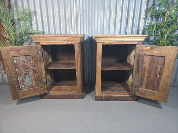 Vintage Reclaimed Pair Wooden Indian Carved Bedside Tables Cupboards Cabinets