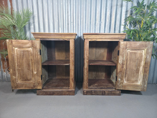 Vintage Reclaimed Pair Wooden Indian Carved Bedside Tables Cupboards Cabinets