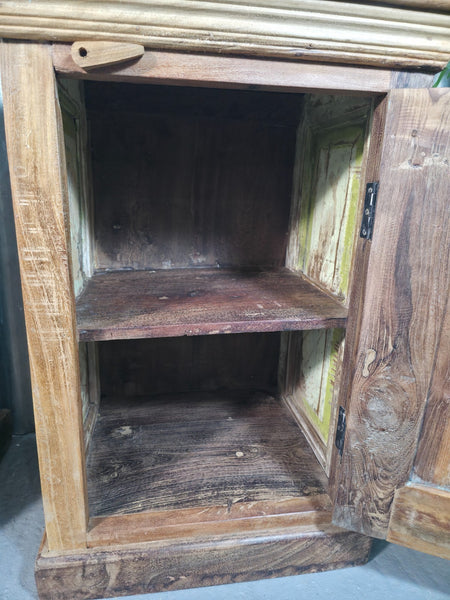 Vintage Reclaimed Pair Wooden Indian Carved Bedside Tables Cupboards Cabinets