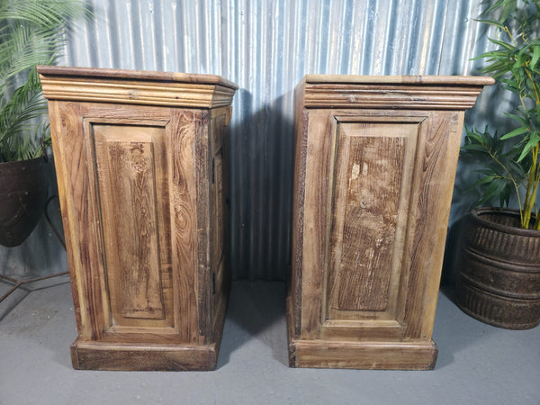 Vintage Reclaimed Pair Wooden Indian Carved Bedside Tables Cupboards Cabinets
