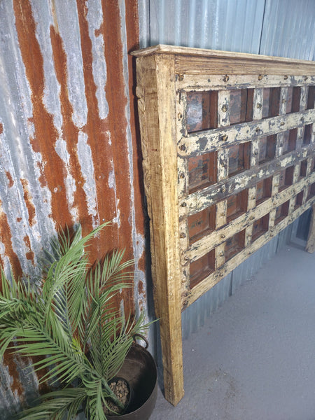 Antique Vintage Rustic Reclaimed Indian Wooden King Size Double Bed Headboard