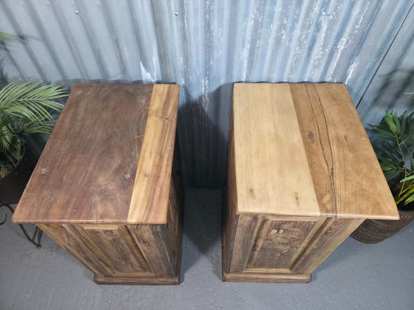 Vintage Reclaimed Pair Wooden Indian Carved Bedside Tables Cupboards Cabinets