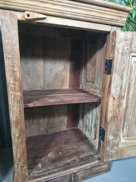 Vintage Reclaimed Pair Wooden Indian Carved Bedside Tables Cupboards Cabinets