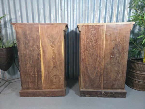 Vintage Reclaimed Pair Wooden Indian Carved Bedside Tables Cupboards Cabinets