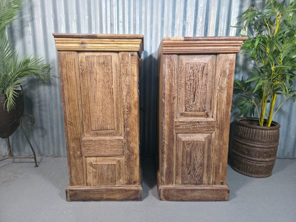 Vintage Reclaimed Pair Wooden Indian Carved Bedside Tables Cupboards Cabinets