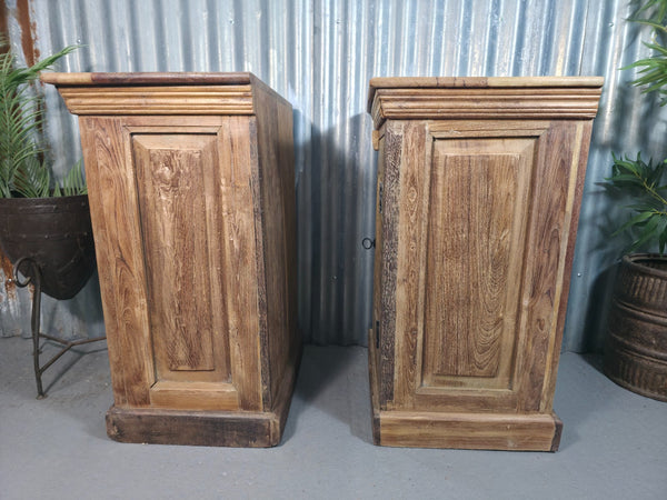 Vintage Reclaimed Pair Wooden Indian Carved Bedside Tables Cupboards Cabinets