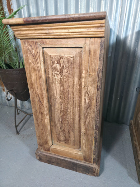 Vintage Reclaimed Pair Wooden Indian Carved Bedside Tables Cupboards Cabinets