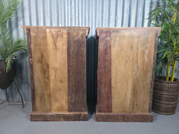 Vintage Reclaimed Pair Wooden Indian Carved Bedside Tables Cupboards Cabinets