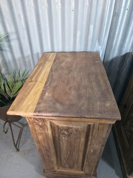 Vintage Reclaimed Pair Wooden Indian Carved Bedside Tables Cupboards Cabinets
