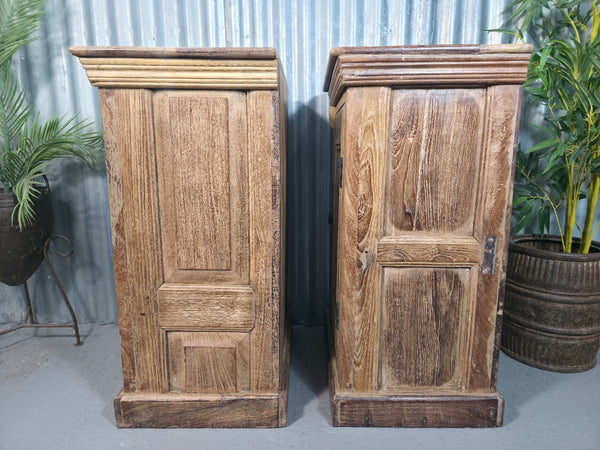 Vintage Reclaimed Pair Wooden Indian Carved Bedside Tables Cupboards Cabinets
