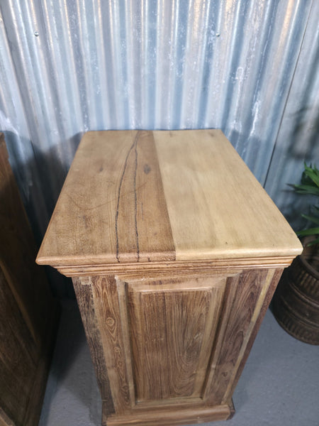 Vintage Reclaimed Pair Wooden Indian Carved Bedside Tables Cupboards Cabinets