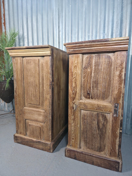 Vintage Reclaimed Pair Wooden Indian Carved Bedside Tables Cupboards Cabinets
