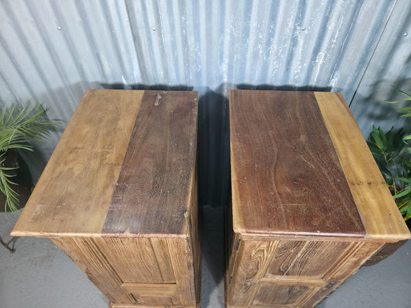 Vintage Reclaimed Pair Wooden Indian Carved Bedside Tables Cupboards Cabinets
