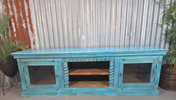 Vintage Reclaimed indian Blue Solid Wooden Sideboard Tv Unit Display Cabinet