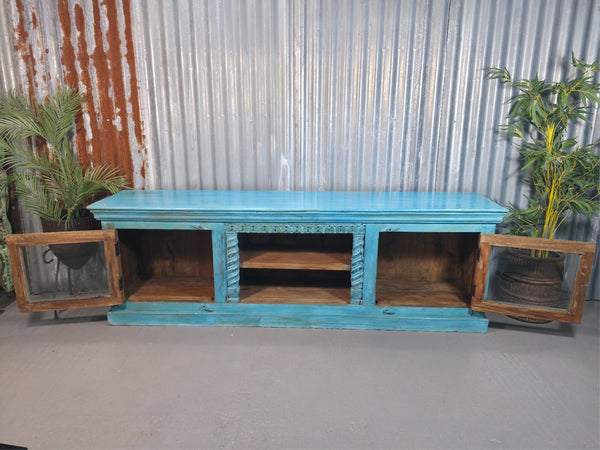 Vintage Reclaimed indian Blue Solid Wooden Sideboard Tv Unit Display Cabinet