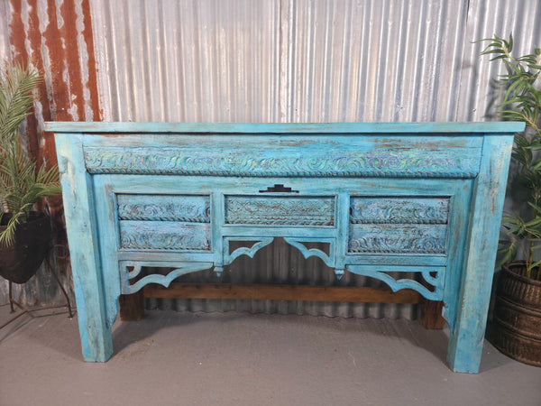 Vintage Reclaimed Indian Blue Solid Wooden Carved Hallway Console Table