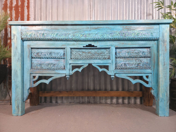 Vintage Reclaimed Indian Blue Solid Wooden Carved Hallway Console Table