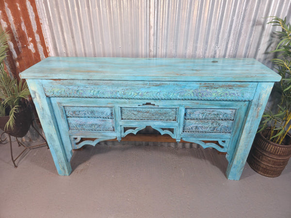 Vintage Reclaimed Indian Blue Solid Wooden Carved Hallway Console Table