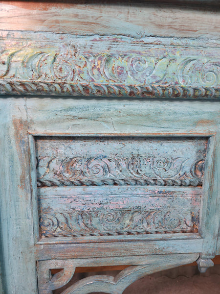 Vintage Reclaimed Indian Blue Solid Wooden Carved Hallway Console Table