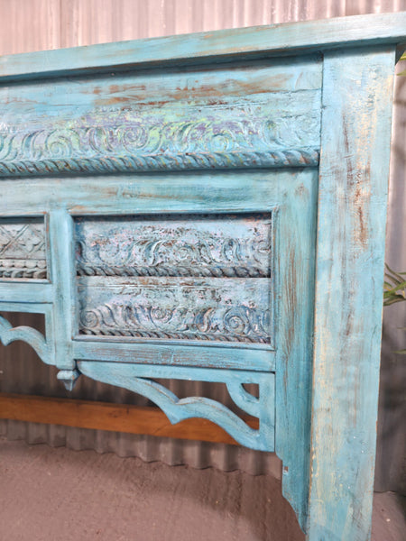 Vintage Reclaimed Indian Blue Solid Wooden Carved Hallway Console Table
