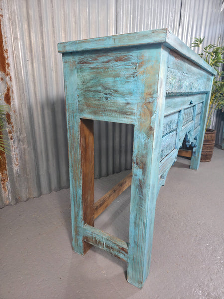 Vintage Reclaimed Indian Blue Solid Wooden Carved Hallway Console Table